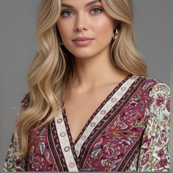 Burgundy Floral Print Butterfly Sleeve Dress - Picture 2 of 11